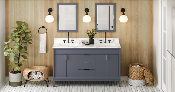 Theodora 60'' Blue Steel Vanity, double bowl, Calacatta Vienna Quartz Vanity Top, two undermount rectangle bowls VKITTHE60BSCQR