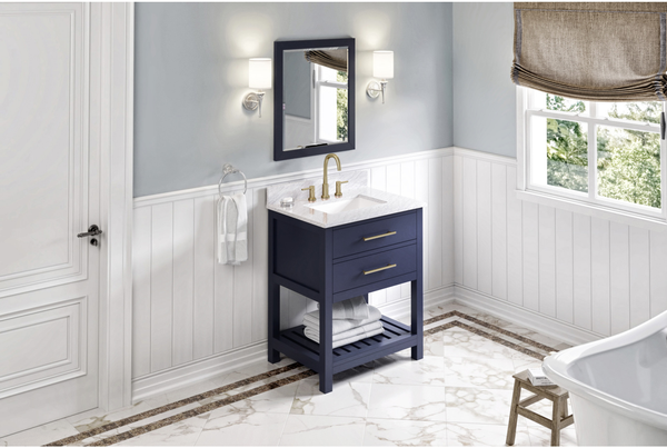 Wavecrest 30'' Hale Blue Vanity, White Carrara Marble Vanity Top, undermount rectangle bowl VKITWAV30BLWCR