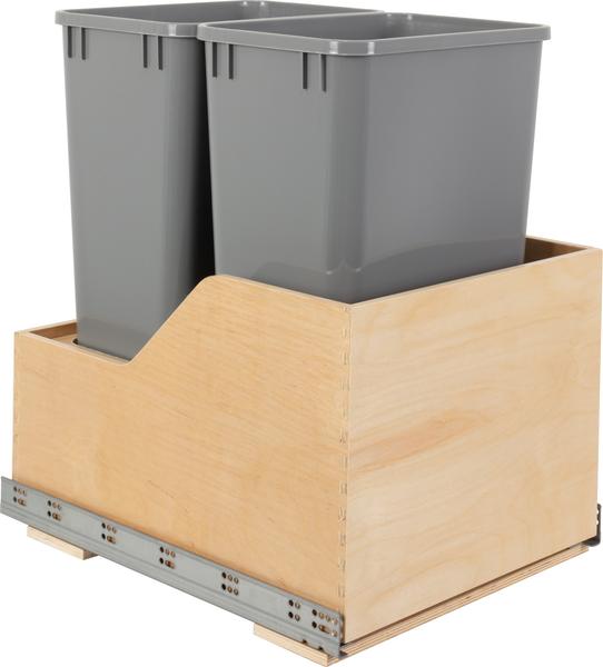 Double 50 Quart Wood Bottom-Mount Soft-close Trashcan Rollout for Hinged Doors, Includes Two Grey Cans CAN-WBMD5018G