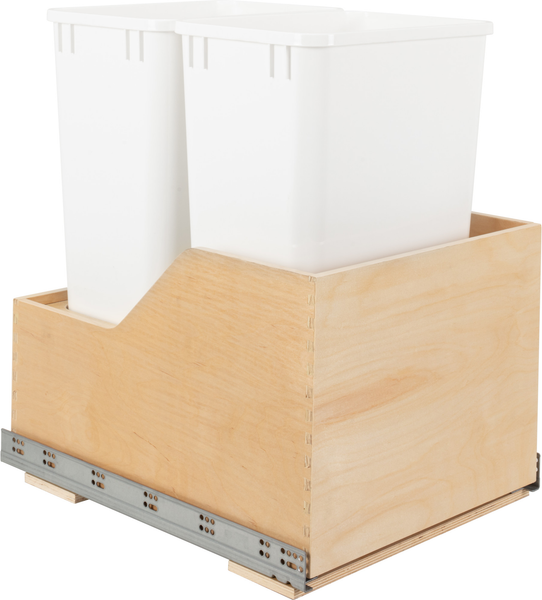 Double 50 Quart Wood Bottom-Mount Soft-close Trashcan Rollout for Hinged Doors, Includes Two White Cans CAN-WBMD5018WH