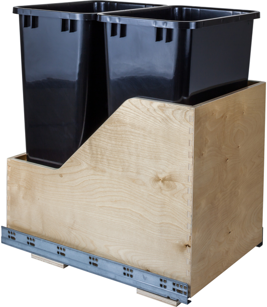 Double 50 Quart Wood Bottom-Mount Soft-close Trashcan Rollout for Hinged Doors, Includes Two Black Cans CAN-WBMD50B