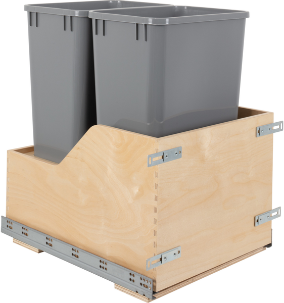 Double 50 Quart Wood Bottom-Mount Soft-close Trashcan Rollout for Door Mounting, Includes Two Grey Cans CDM-WBMD5018G