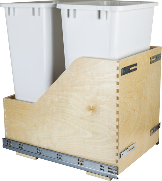 Double 50 Quart Wood Bottom-Mount Soft-close Trashcan Rollout for Door Mounting, Includes Two White Cans CDM-WBMD50WH