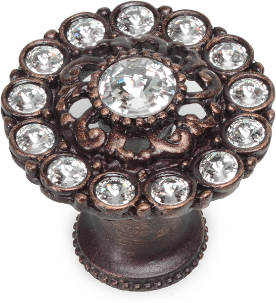 Caché large round knob with flared foot with Swarovski Clear Crystals in Antique Brass. 1203B-22C