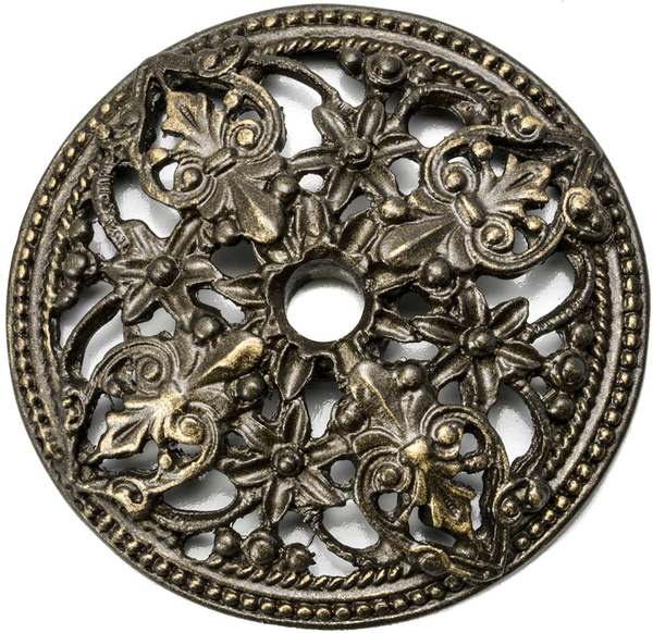 Juliane Grace large round back plate with florets in Antique Brass. 136-3
