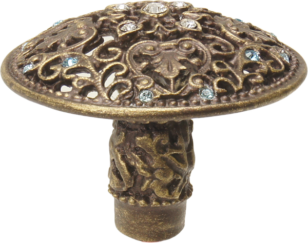 Juliane Grace large knob with 17 Swarovski Clear& Aquamarine Crystals in Antique Brass. 146-3