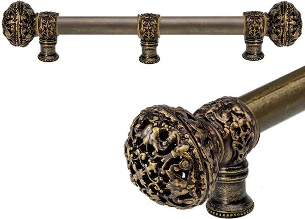 Juliane Grace 9'' cc with 5/8'' smooth center long pull & center brace large finial in Antique Brass. 5606-3