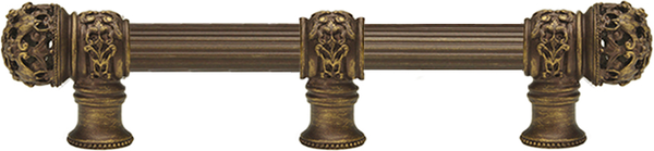 Juliane Grace 6'' cc with 5/8'' reeded center long pull & center brace small finial in Antique Brass. 5615R-3
