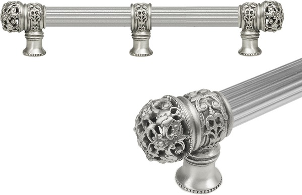 Juliane Grace 9'' cc with 5/8'' reeded center long pull & center brace small finial in Satin. 5616R-11