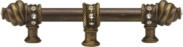 Caché 6'' cc with 5/8'' smooth center long pull & center brace with 16 rivoli Swarovski Clear Crystals in Antique Brass. 5675-3C