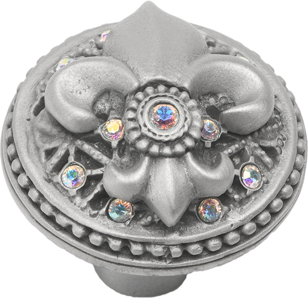 Versailles 7605-11AB Satin large round knob Fleur De Lys w/ Swarovski Crystals 7605-11AB