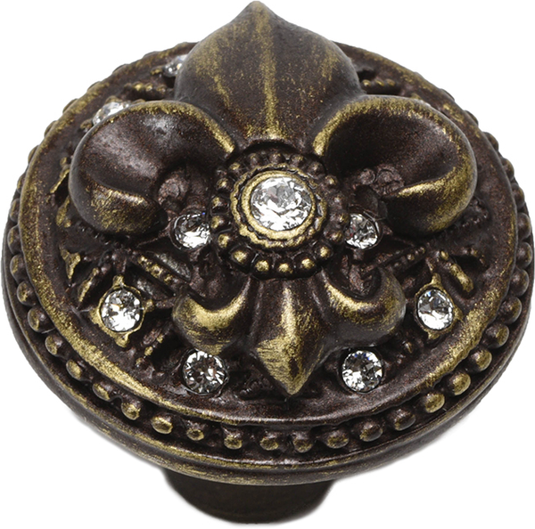 Versailles 7605-3C Antique Brass large round knob Fleur De Lys w/ Swarovski Crystals 7605-3C