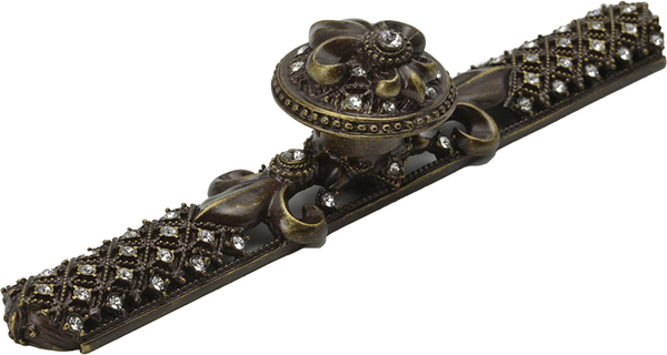 Versailles 76057623-3C Antique Brass large round knob & large elongated back plate Fleur De Lys w/ Swarovski crystals 76057623-3C