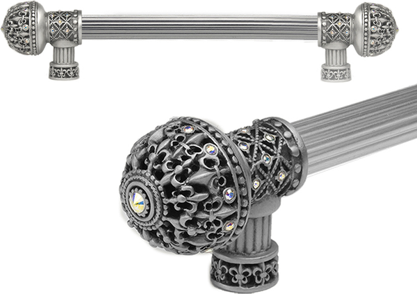 Versailles 7647R-11AB Satin Fleur De Lys 9'' cc long pull large finial w/ Swarovski Crystals w/ 5/8'' reeded center 7647R-11AB