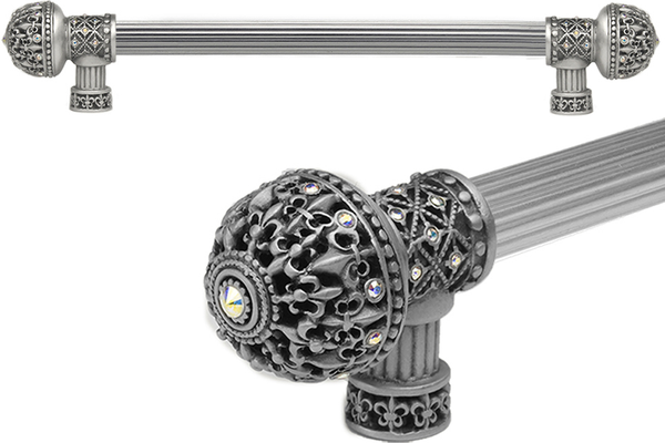 Versailles 7648R-11AB Satin Fleur De Lys 12'' cc long pull large finial w/ Swarovski Crystals w/ 5/8'' reeded center 7648R-11AB