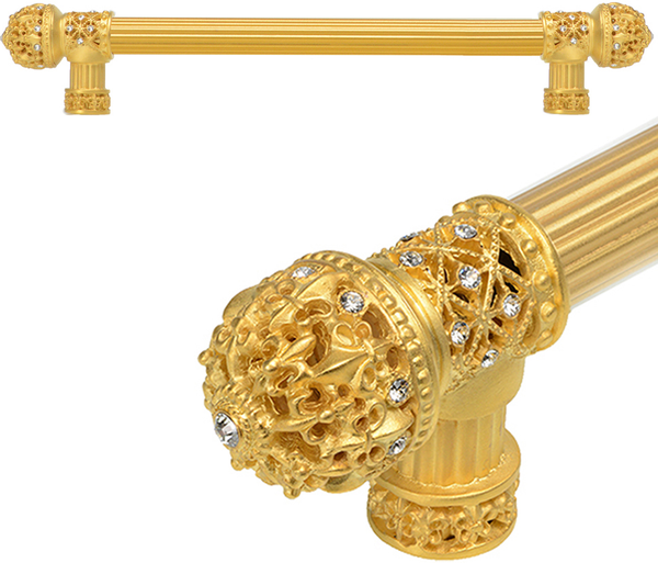 Versailles 7655R-8C Gilded Mercury Fleur De Lys 12'' cc long pull small finial w/ Swarovski Crystals w/ 5/8'' reeded center 7655R-8C