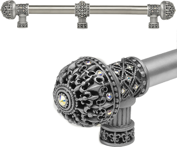 Versailles 7662-11AB Satin Fleur De Lys 12'' cc long pull large finial w/ Swarovski Crystals w/ 5/8'' smooth center w/ center brace 7662-11AB
