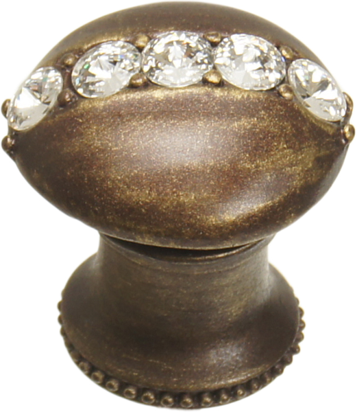 Caché round knob with flared foot with center of 5 rivoli Swarovski Clear Crystals in Antique Brass. 874B-3C