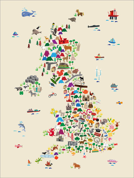 Children Animal UK Map Poster Art Print