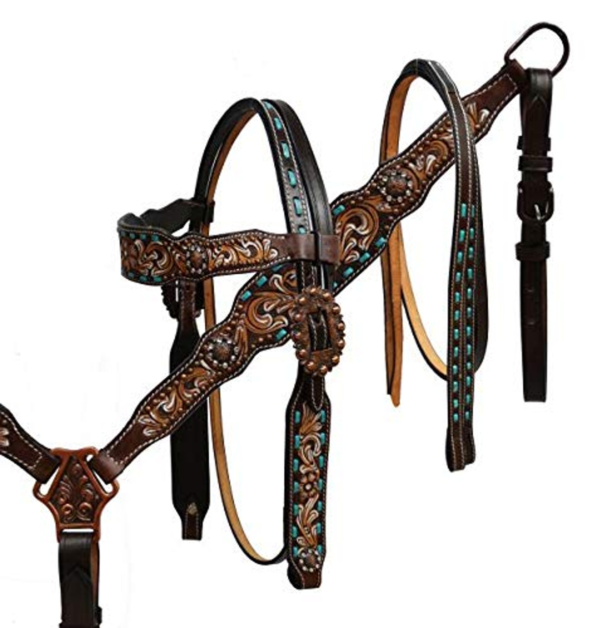 Western Brown Leather Bling Tack Set Of Headstall & Breast Collar/  Buckstitched