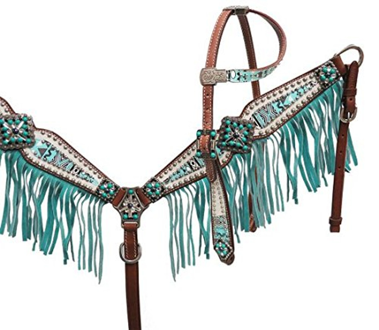 Showman Cheetah Print Headstall, Breast Collar, Reins Set With