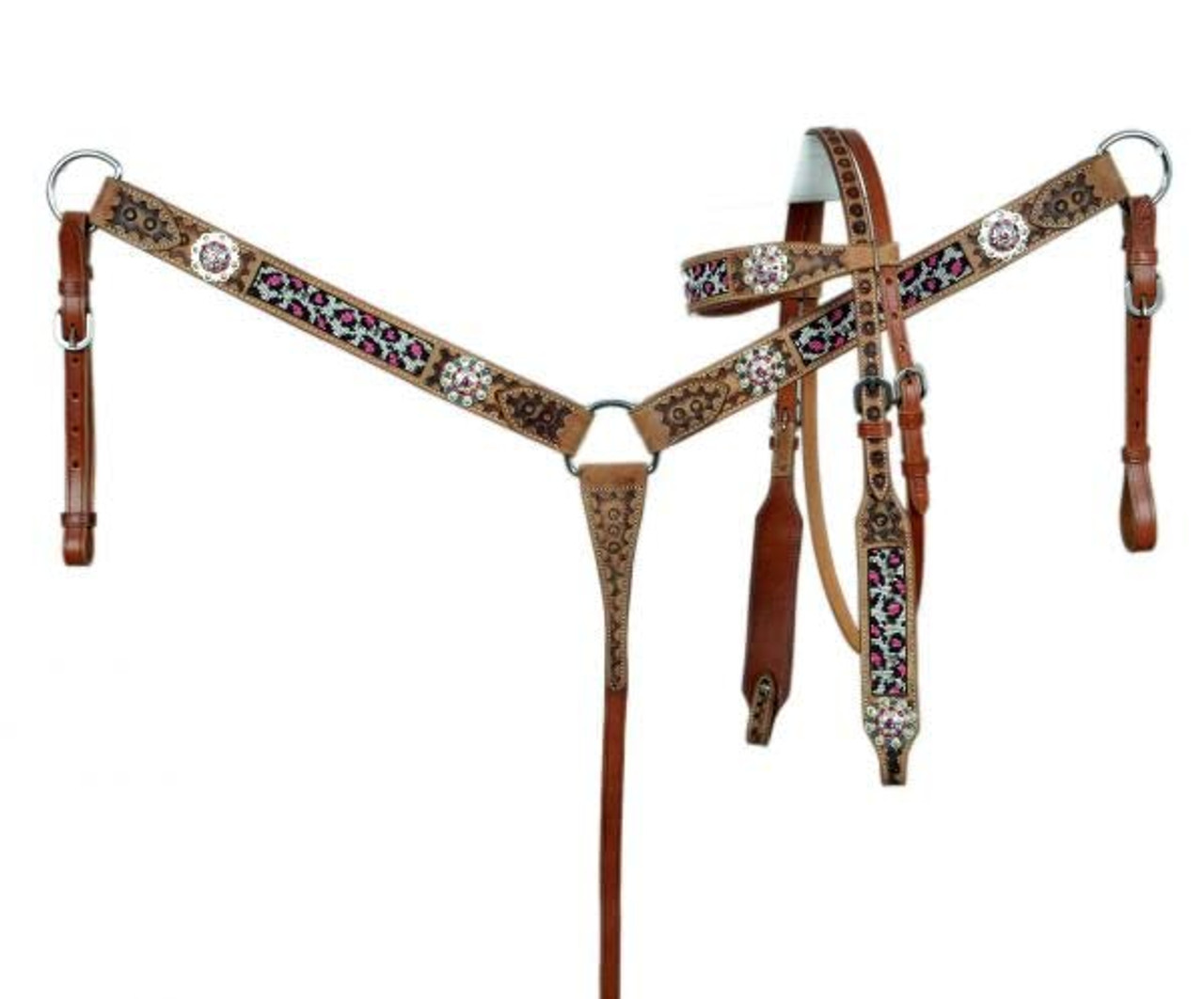 Showman Cheetah Print Headstall, Breast Collar, Reins Set With