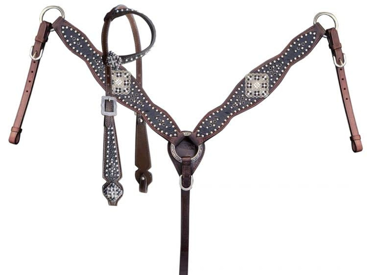 Western Brown Leather Tack set of Headstall & Breast collar with LV  Inlay