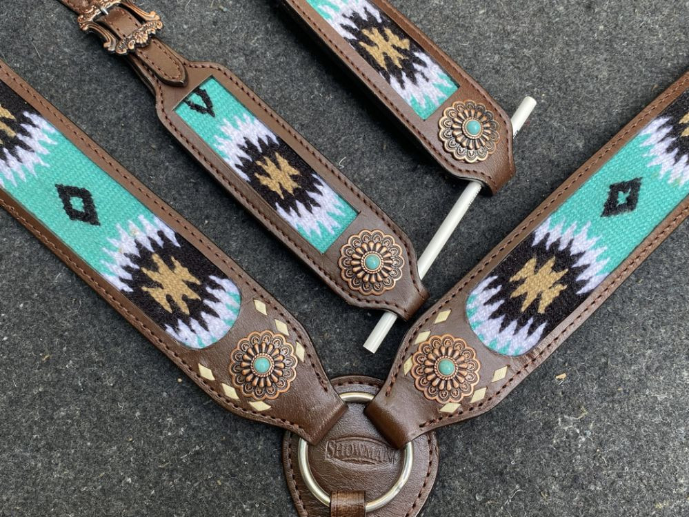 New! Showman double stitched leather headstall and breast collar set with brown suede fringe and floral tooling