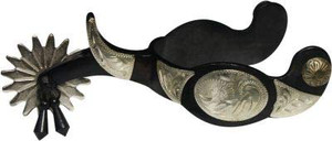 Showman Black Steel Jingle Bob Spurs w/ Engraved Silver Conchos & Bar Accents Showman Black Steel Jingle Bob Spurs w/ Engraved Silver Conchos & Bar Accents