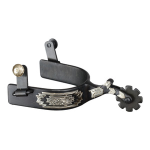 Showman Black Steel Spurs w/ Engraved German Silver Inlay