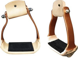 Showman Angled Copper Colored Aluminum Stirrups w/ Leather Tread & Rubber Grip Showman Angled Copper Colored Aluminum Stirrups w/ Leather Tread & Rubber Grip