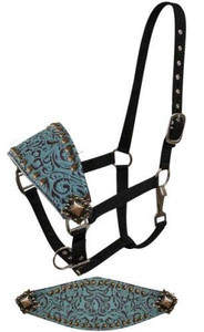 Showman Bronc Halter w/ Teal Filigree Print Leather Noseband Showman Bronc Halter w/ Teal Filigree Print Leather Noseband