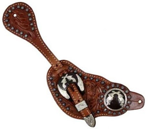 Showman Men's Tooled Leather Spur Straps w/ Silver Cross Pistol Conchos
