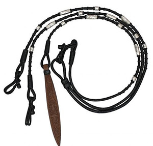 Showman Black Braided Natural Rawhide Romal Reins w/ Tooled Leather Popper & Silver Beads Showman Black Braided Natural Rawhide Romal Reins w/ Tooled Leather Popper & Silver Beads