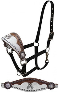 Showman Bronc Halter w/ Cowhide & Scalloped Leather & Crossed Guns Concho Showman Bronc Halter w/ Cowhide & Scalloped Leather & Crossed Guns Concho