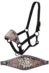 Showman Bronc Halter w/ Pink Buckstitch & Tooling w/ Cowhide Inlay Showman Bronc Halter w/ Pink Buckstitch & Tooling w/ Cowhide Inlay