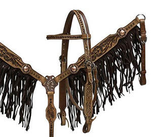 Showman Leather Headstall & Breast Collar Set w/ Brown Suede Fringe & Floral Tooling Showman Leather Headstall & Breast Collar Set w/ Brown Suede Fringe & Floral Tooling