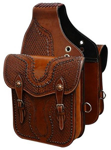 Showman Basket Weave Tooled Leather Saddle Bag w/ Antique Copper Conchos & Studs Showman Basket Weave Tooled Leather Saddle Bag w/ Antique Copper Conchos & Studs