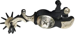 Showman Black Steel Spurs w/ Engraved Silver Texas Star Showman Black Steel Spurs w/ Engraved Silver Texas Star