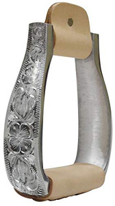 Showman Polished Aluminum Engraved Stirrups w/ Leather Tread Showman Polished Aluminum Engraved Stirrups w/ Leather Tread