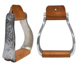 Showman Aluminum Engraved Offset Stirrups w/ Leather Tread Showman Aluminum Engraved Offset Stirrups w/ Leather Tread