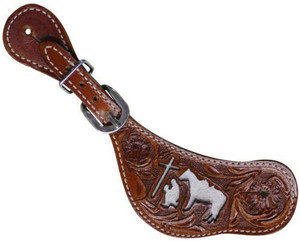 Showman Ladies Tooled Leather Spur Straps w/ Cut Out Praying Cowboy & Cowhide Showman Ladies Tooled Leather Spur Straps w/ Cut Out Praying Cowboy & Cowhide