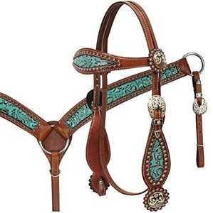 Showman Teal & Brown Filigree Headstall & Breast Collar Set w/ Reins Showman Teal & Brown Filigree Headstall & Breast Collar Set w/ Reins