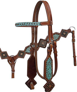 Showman Teal & Brown Filigree Print Headstall & Breast Collar Set w/ Reins Showman Teal & Brown Filigree Print Headstall & Breast Collar Set w/ Reins