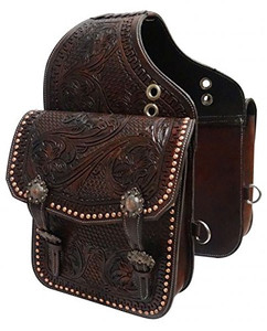 Showman Dark Oil Tooled Leather Saddle Bag w/ Engraved Antique Bronze Conchos & Buckles Showman Dark Oil Tooled Leather Saddle Bag w/ Engraved Antique Bronze Conchos & Buckles