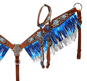 Showman Blue Metallic Fringe Headstall & Breast Collar Set w/ Reins Showman Blue Metallic Fringe Headstall & Breast Collar Set w/ Reins