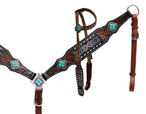 Showman Tooled Leather Headstall & Breast Collar Set w/ Beaded Inlays Showman Tooled Leather Headstall & Breast Collar Set w/ Beaded Inlays