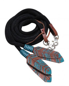 Showman 8' Round Braided Nylon Split Reins w/ Teal Painted Feather Poppers Showman 8' Round Braided Nylon Split Reins w/ Teal Painted Feather Poppers