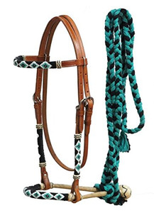 Showman Bosal Headstall w/ Beaded Overlay & Black/Teal Mecate Reins Showman Bosal Headstall w/ Beaded Overlay & Black/Teal Mecate Reins
