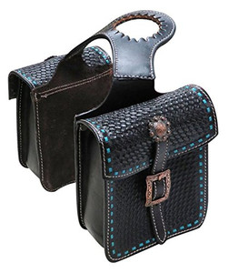 Showman Tooled Black Leather Horn Bag w/ Teal Buck Stitch Showman Tooled Black Leather Horn Bag w/ Teal Buck Stitch